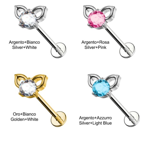 Piercing Labret in Titanio con Orecchie di gatto con cristalli - immagine 2